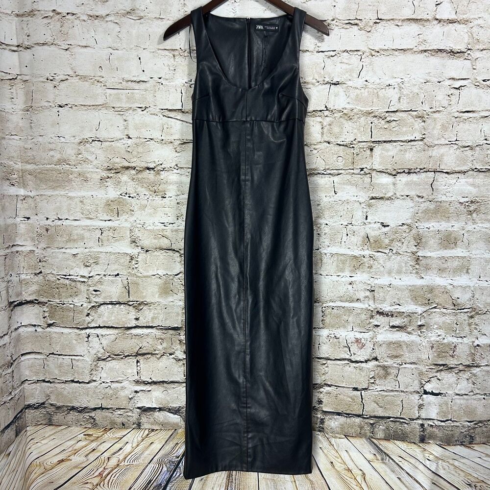 Zara Faux Leather Bodycon Maxi Dress Women’s XS Black Sleeveless Low Neck Dress